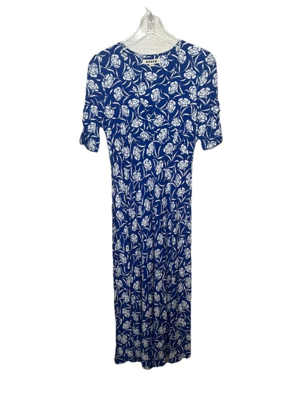 Boden Blue White Floral Midi Dress Sz 6 Faux Wrap Stretch Ecovero Viscose